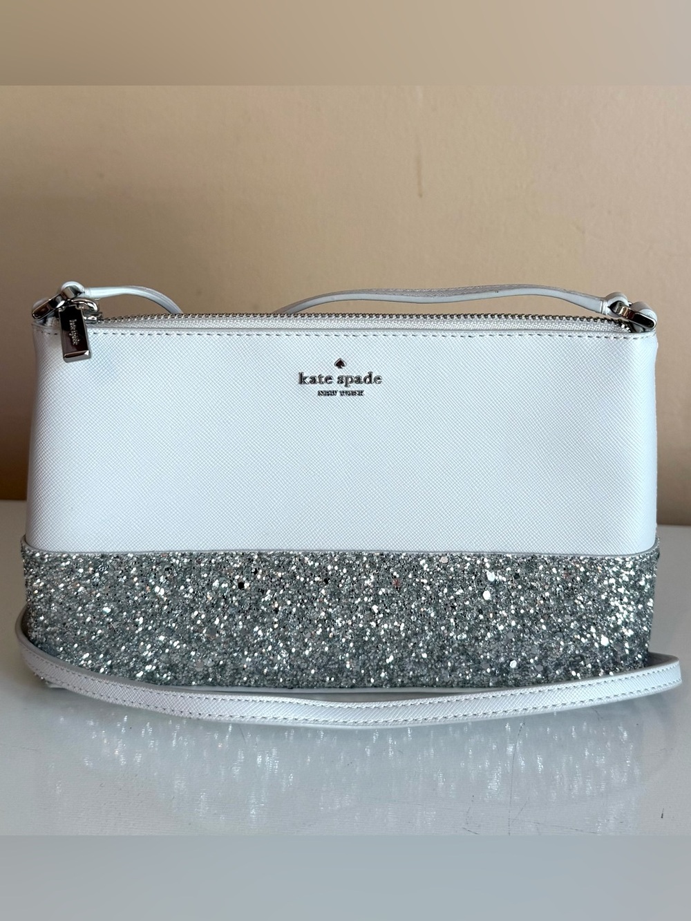 kate spade White & Silver Glitter Leather Crossbody